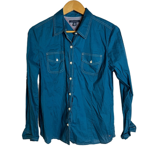 Tommy Hilfiger Teal Blue Button Down Shirt Women’s Large Preppy Office Classic